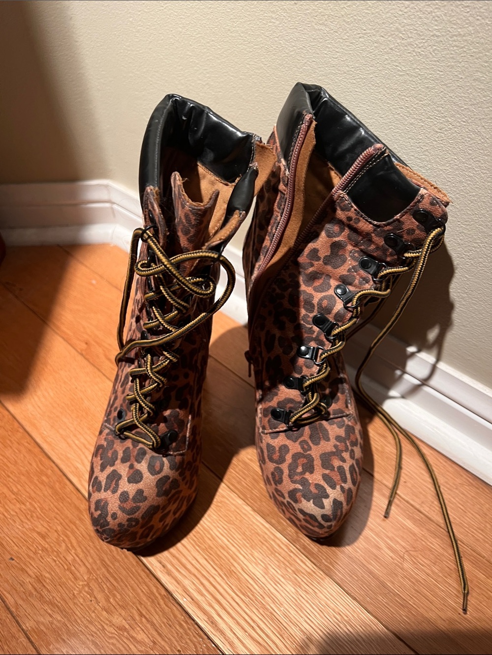Wild Diva Leopard Lace-Up Ankle Boots - Brown/Black